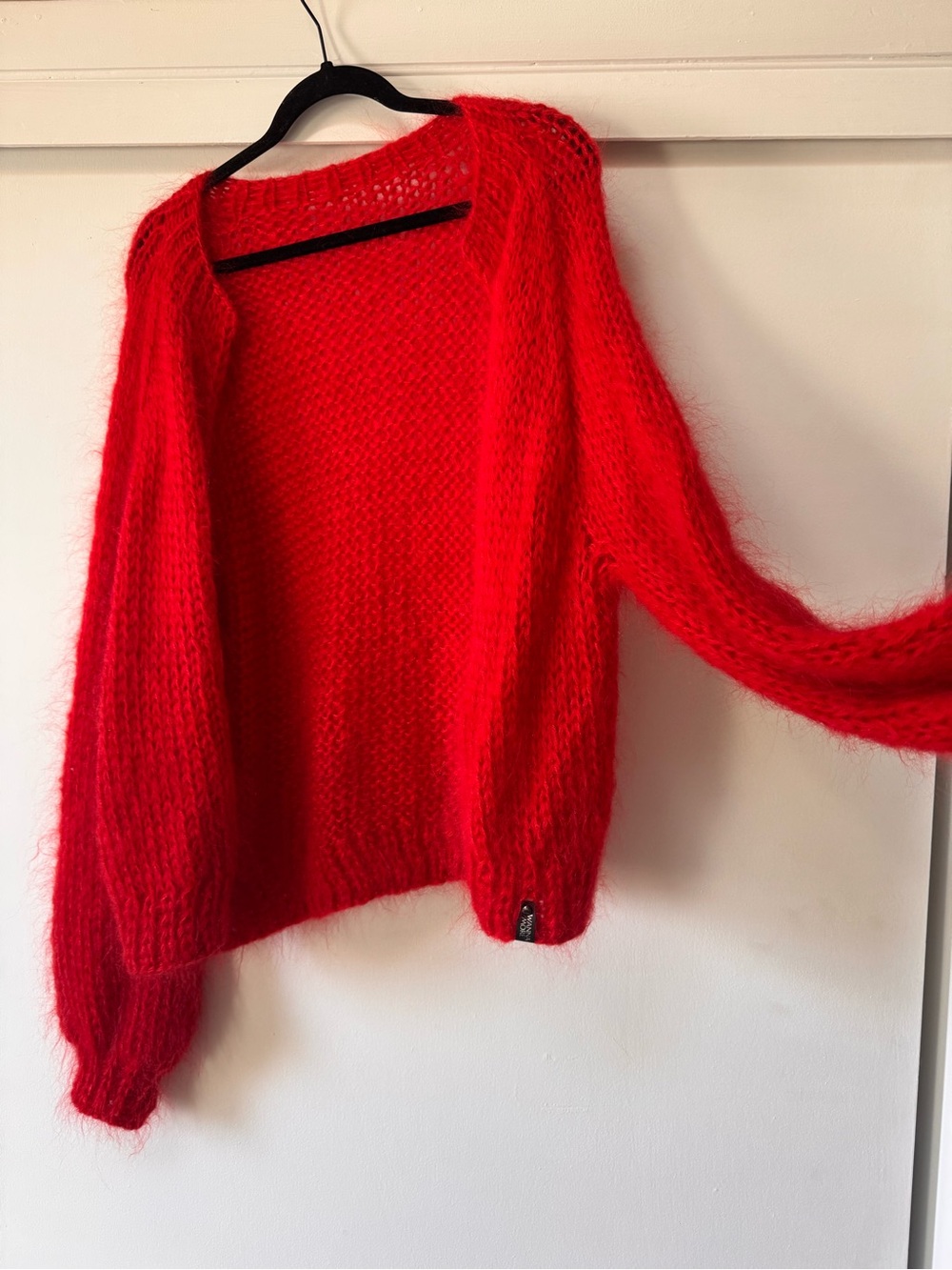 Red Women's Open-Front mohair handmade Fuzzy Knit Sweater